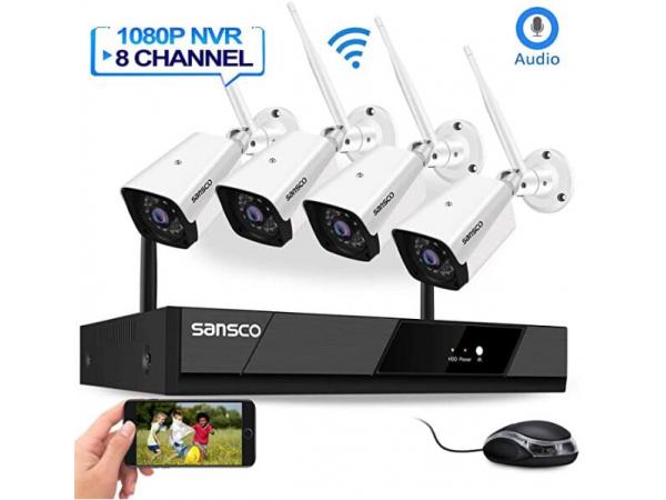 Sansco Full HD 2MP Wireless CCTV Camera Security System with Motion Detection, 8 Channel 1080p Network IP NVR with 4 1920x1080 in/Outdoor WiFi Home Cameras, No Hard Drive