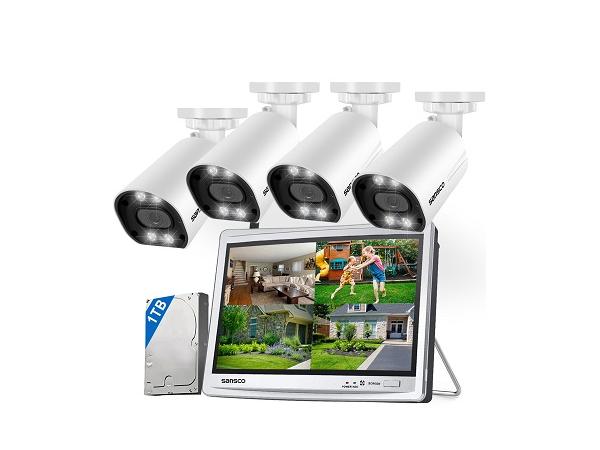 SANSCO 8CH NVR Recorder Wireless CCTV Camera System with 12" LCD Monitor with 3TB HDD, 4x 3MP WiFi IP Cameras, Color Night Vision, App/ Email Alert