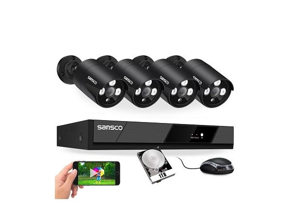 SANSCO CCTV Security Camera System with 1TB HDD, 4CH 4K H.265 NVR + (4) 8MP Outdoor IP Cameras, 3840 X 2160, Built-in Mic, AI Human Face Detection