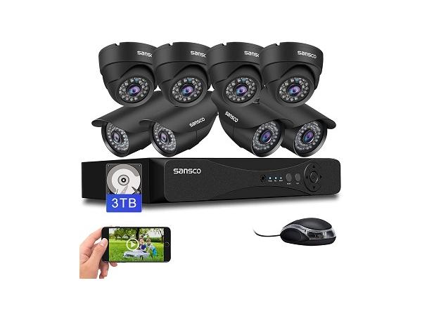 SANSCO 8 Channel 5MP CCTV DVR Camera System + 3TB Hard Drive,(8) 2MP Bullet Dome Cameras, IP66, Mobile Viewing, App Push Alert/Email, 24/7 Recording