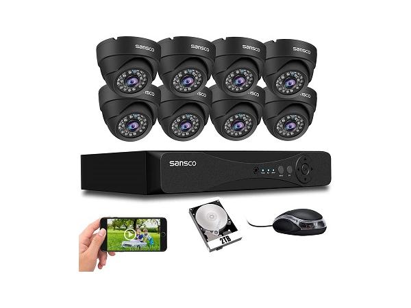 SANSCO 8 Channel 5MP CCTV DVR Camera System with 3TB HDD, (8) 2MP In/Outdoor Dome Cameras, Wall/Ceiling Mounted, Push Alert/Email, 24/7 Recording