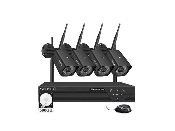 SANSCO Wireless CCTV Security Camera Systems with 500GB HDD, 4CH 2K NVR, (4) 3MP Outdoor WiFi IP Cameras, AI Human Face Detection, Night Vision