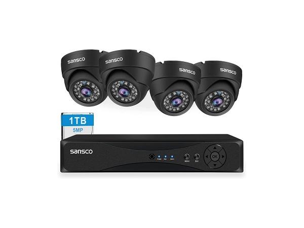 SANSCO CCTV Security Camera System, 8 Channel Surveillance DVR with 4x 5MP Outdoor Dome Cameras, 1TB Hard Drive, 2560x1920p, AI Human Face Detection